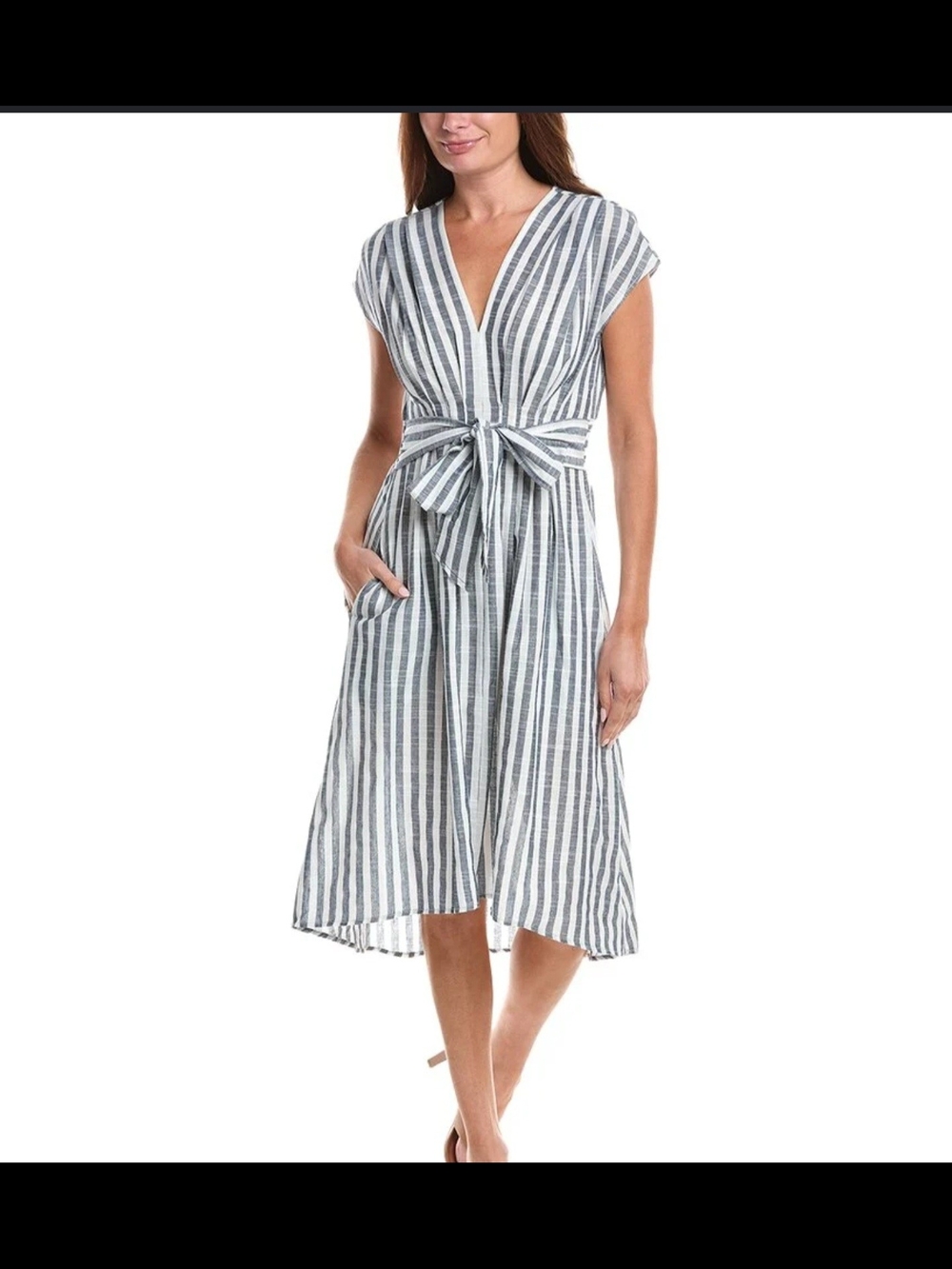 Max Studio Blue and White Striped Midi Dress with Tie Waist